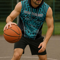 Custom Basketball New Zealand Sleeveless Hoodie Teal Maori Ta Moko Indigenous LT9 - Polynesian Pride