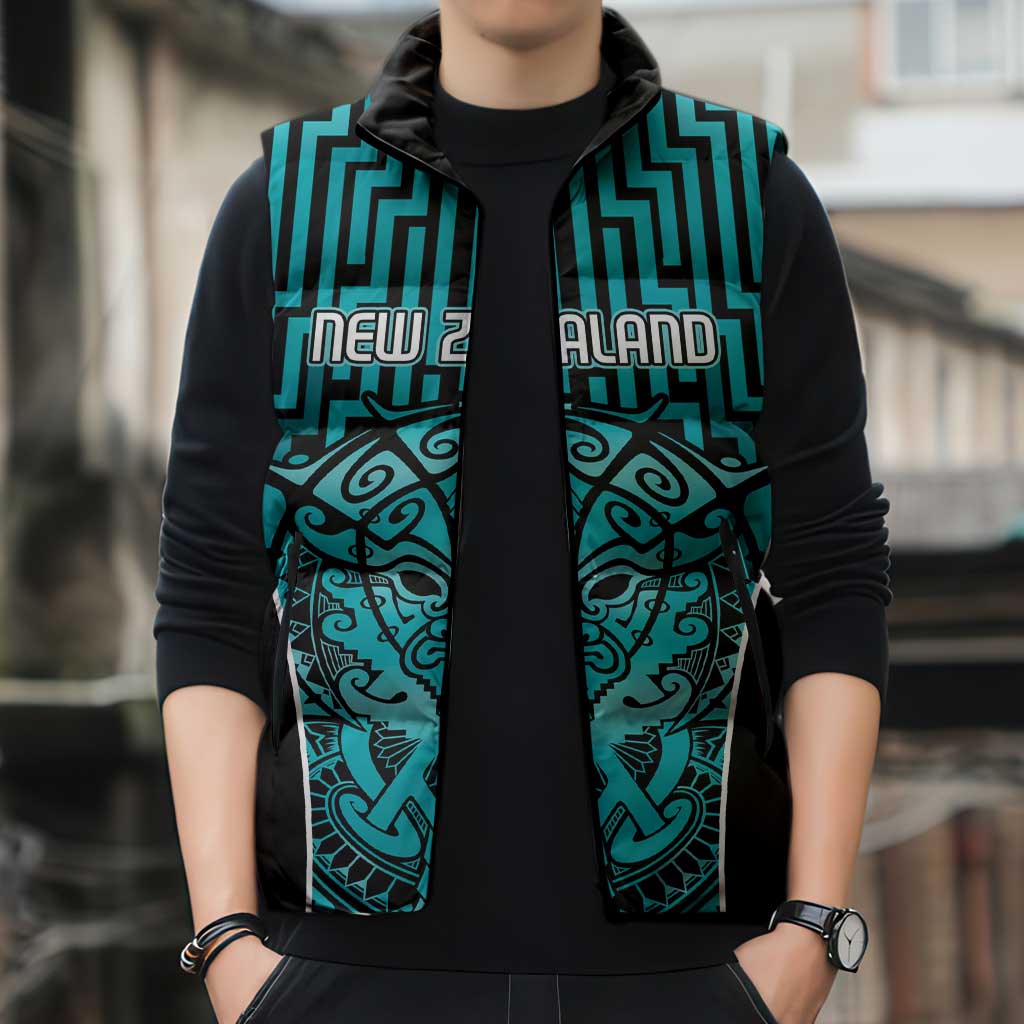 Custom Basketball New Zealand Sleeveless Puffer Jacket Teal Maori Ta Moko Indigenous - Polynesian Pride