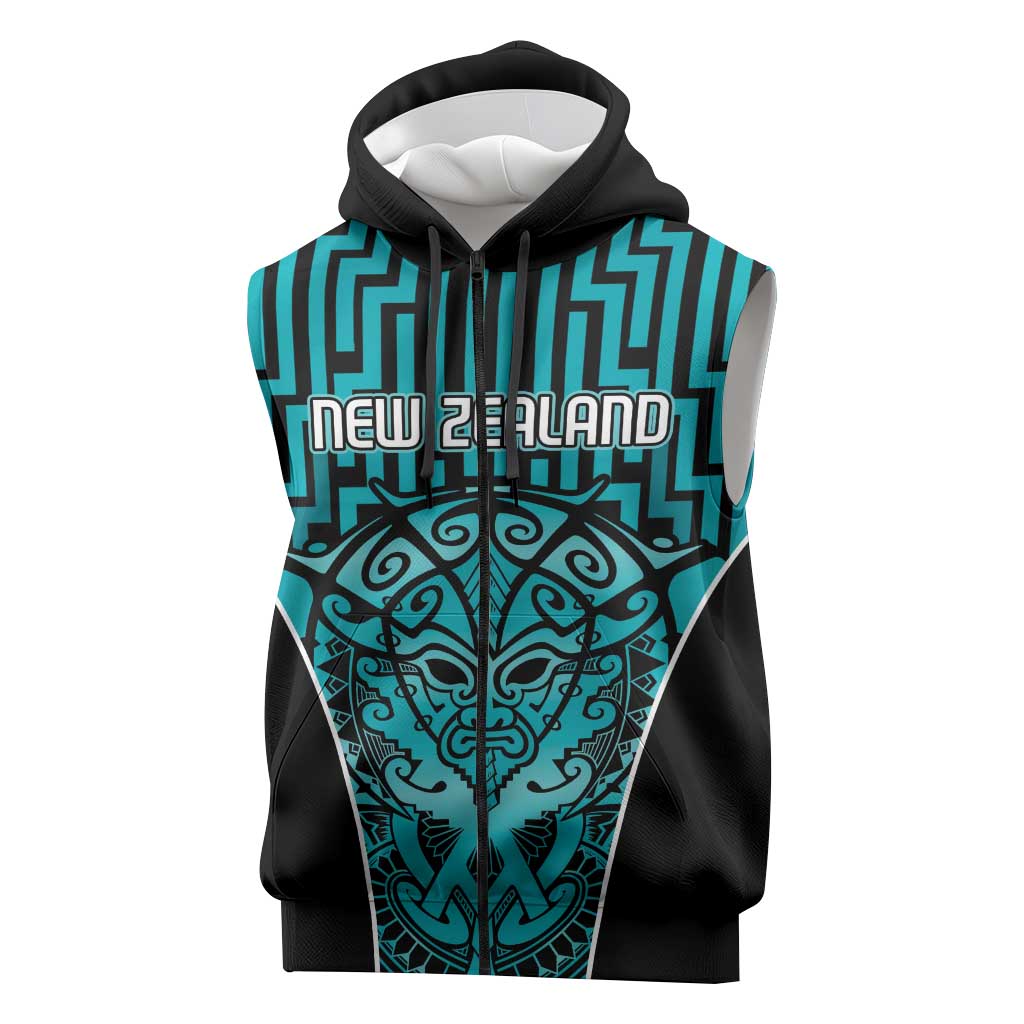 Custom Basketball New Zealand Sleeveless Zip Hoodie Teal Maori Ta Moko Indigenous LT9 Teal - Polynesian Pride