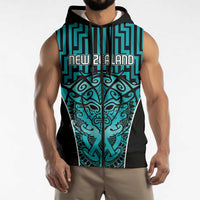 Custom Basketball New Zealand Sleeveless Zip Hoodie Teal Maori Ta Moko Indigenous LT9 - Polynesian Pride