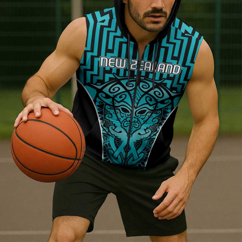 Custom Basketball New Zealand Sleeveless Zip Hoodie Teal Maori Ta Moko Indigenous LT9 - Polynesian Pride