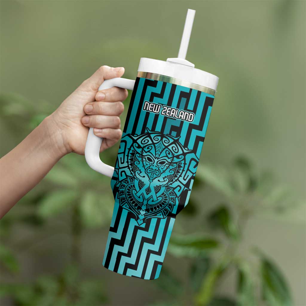 Custom Basketball New Zealand Tumbler With Handle Teal Maori Ta Moko Indigenous LT9 - Polynesian Pride