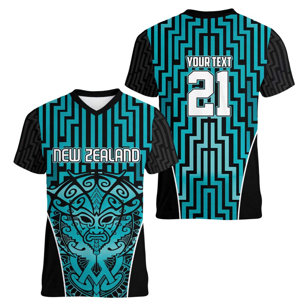 Custom Basketball New Zealand Women V-Neck T-Shirt Teal Maori Ta Moko Indigenous LT9 - Polynesian Pride
