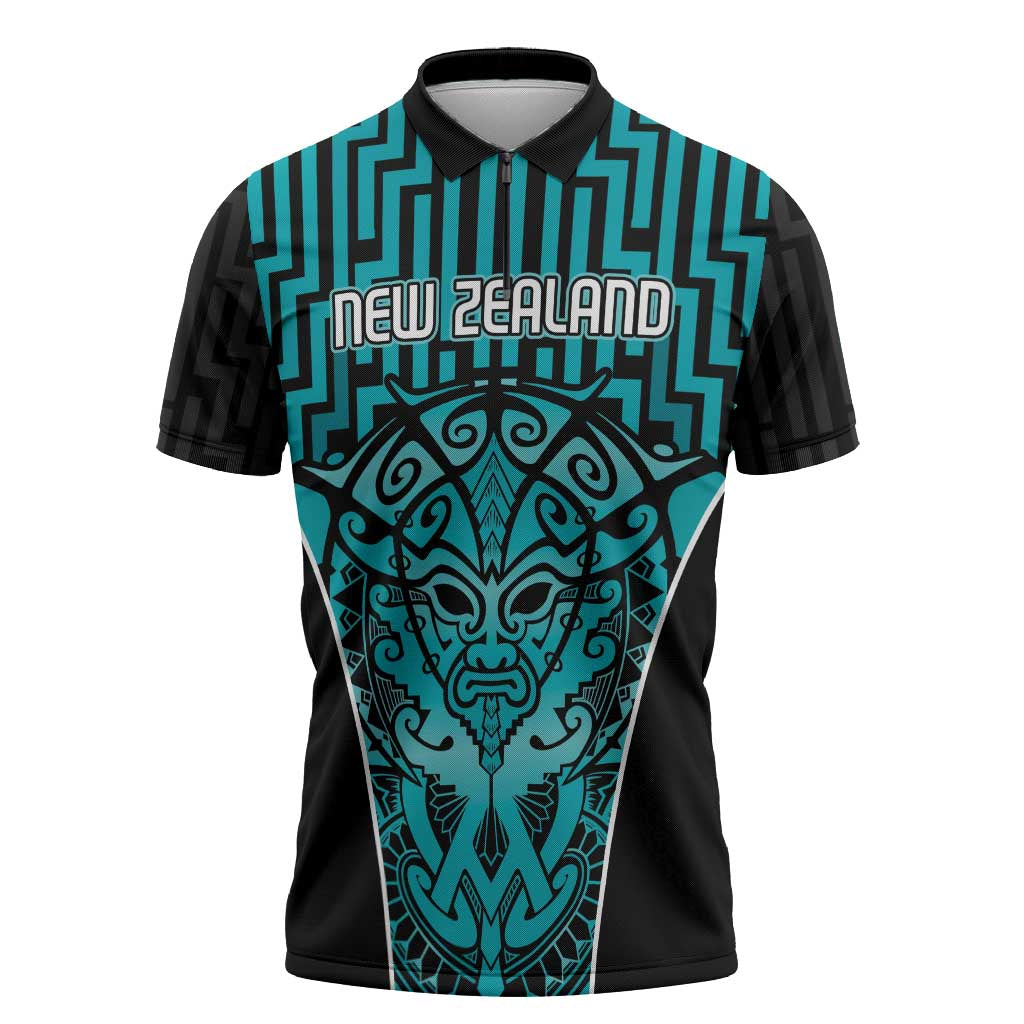 Custom Basketball New Zealand Zipper Polo Shirt Teal Maori Ta Moko Indigenous LT9 Teal - Polynesian Pride
