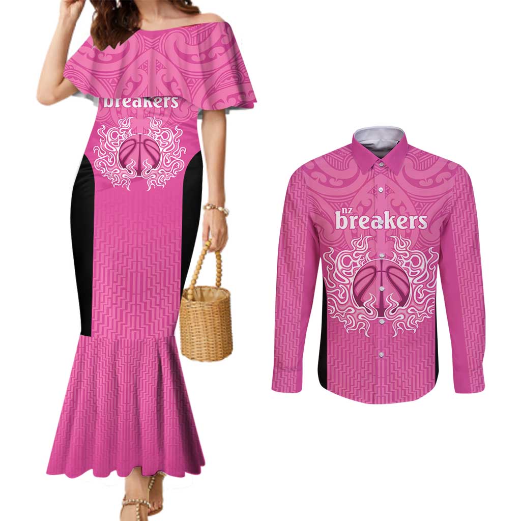 New Zealand Custom Couples Matching Mermaid Dress and Long Sleeve Button Shirt Fire Basketball Maori Tribal Pink - Polynesian Pride