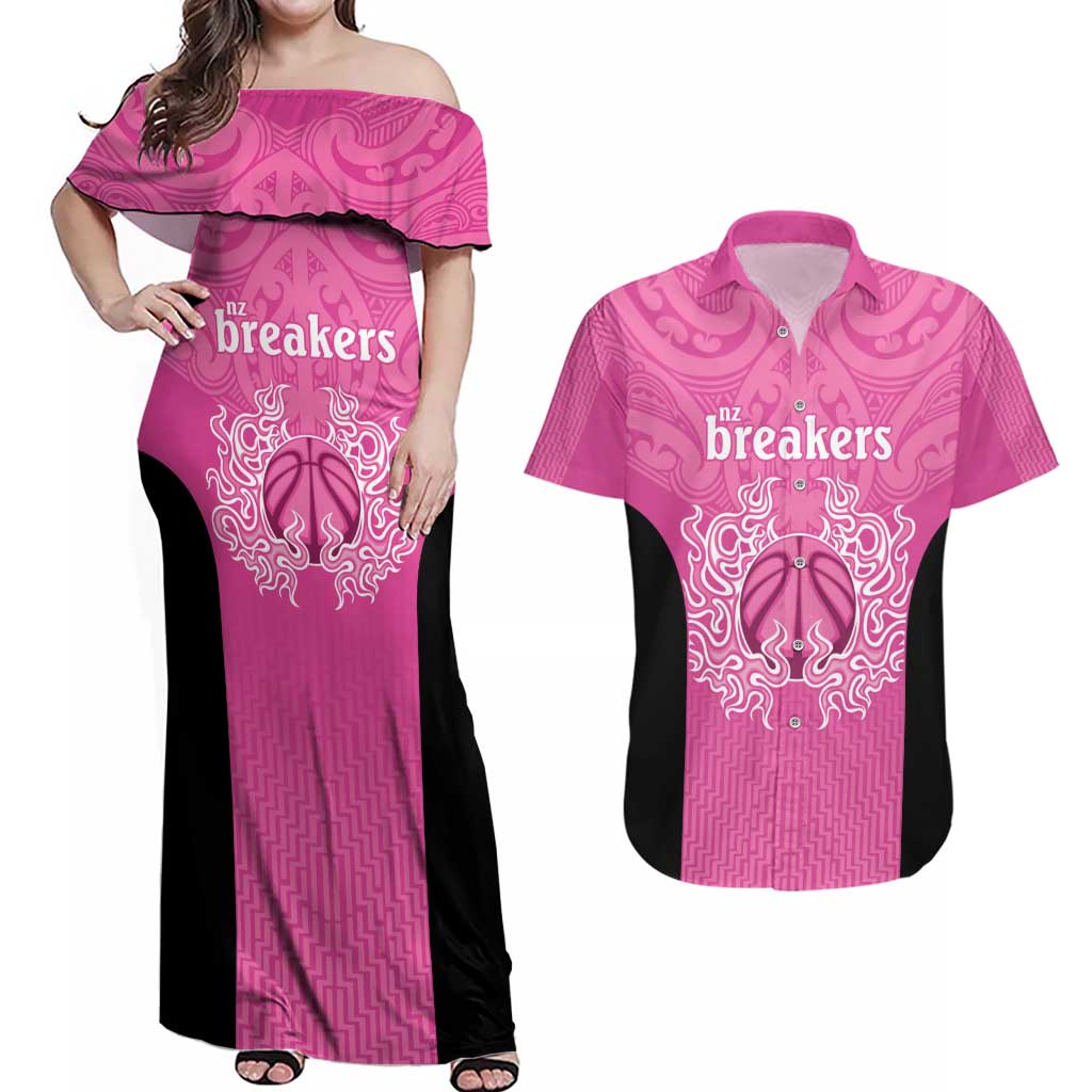New Zealand Custom Couples Matching Off Shoulder Maxi Dress and Hawaiian Shirt Fire Basketball Maori Tribal Pink LT9 Pink - Polynesian Pride