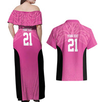 New Zealand Custom Couples Matching Off Shoulder Maxi Dress and Hawaiian Shirt Fire Basketball Maori Tribal Pink LT9 - Polynesian Pride