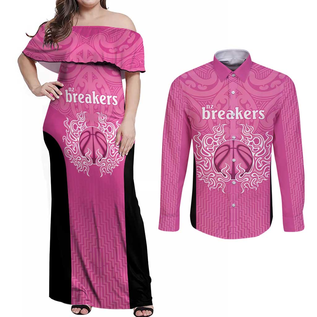 New Zealand Custom Couples Matching Off Shoulder Maxi Dress and Long Sleeve Button Shirt Fire Basketball Maori Tribal Pink LT9 Pink - Polynesian Pride