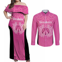 New Zealand Custom Couples Matching Off Shoulder Maxi Dress and Long Sleeve Button Shirt Fire Basketball Maori Tribal Pink LT9 Pink - Polynesian Pride