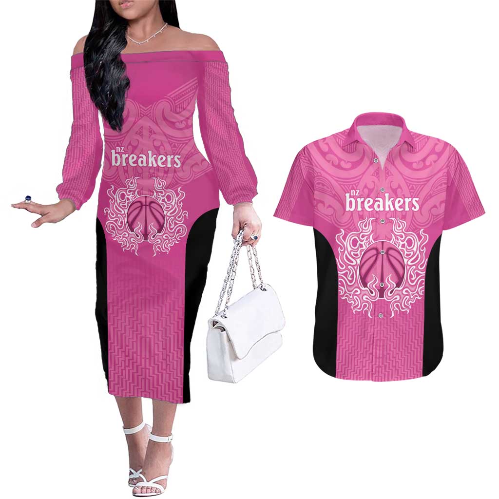 New Zealand Custom Couples Matching Off The Shoulder Long Sleeve Dress and Hawaiian Shirt Fire Basketball Maori Tribal Pink LT9 Pink - Polynesian Pride