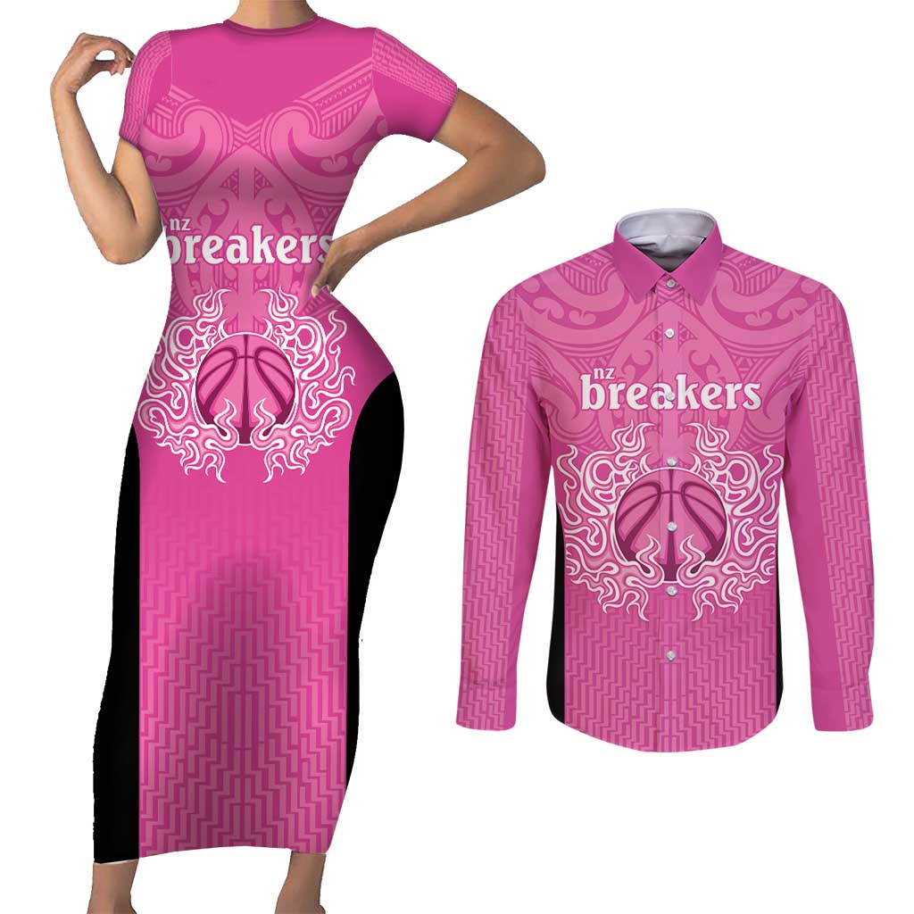 New Zealand Custom Couples Matching Short Sleeve Bodycon Dress and Long Sleeve Button Shirt Fire Basketball Maori Tribal Pink - Polynesian Pride