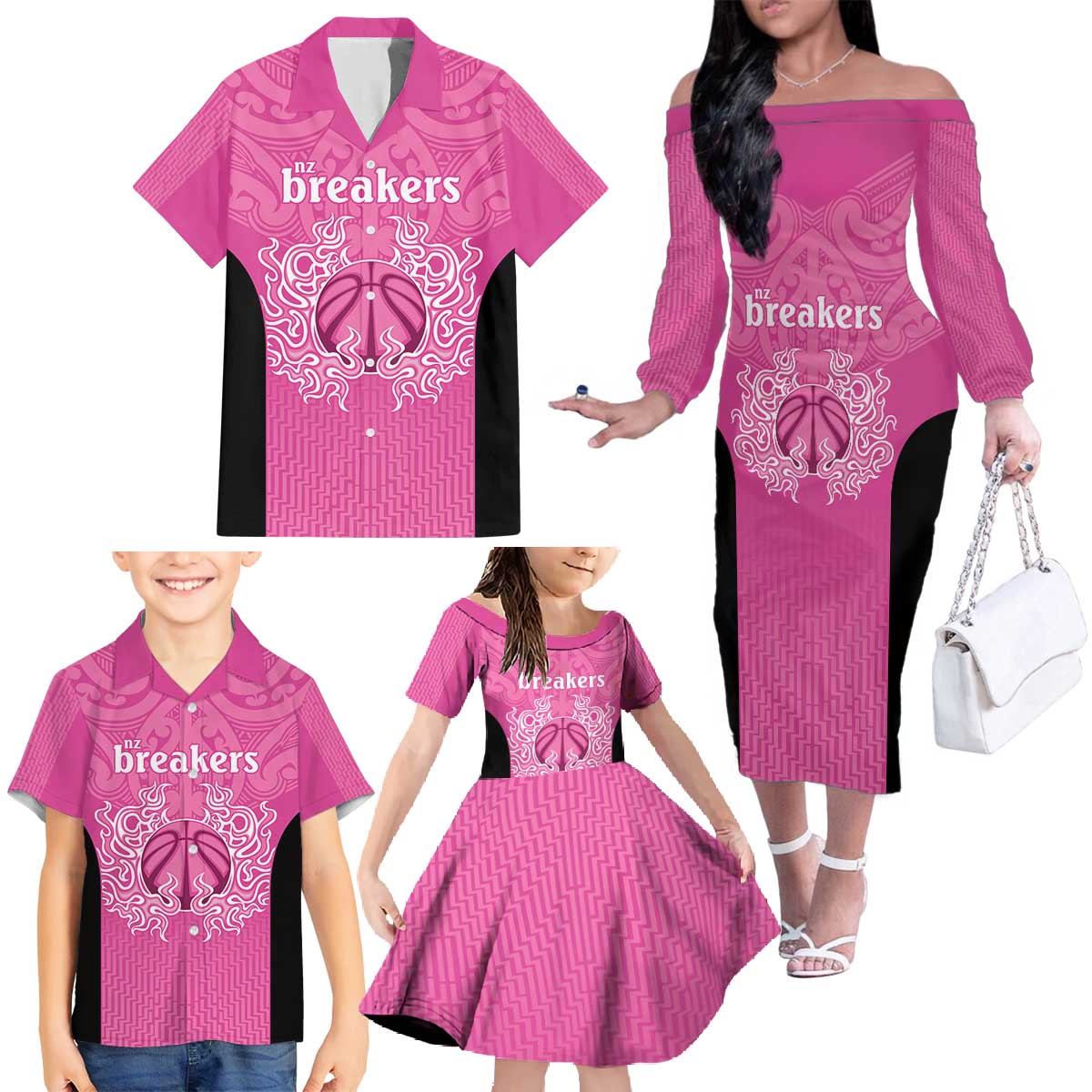 New Zealand Custom Family Matching Off The Shoulder Long Sleeve Dress and Hawaiian Shirt Fire Basketball Maori Tribal Pink LT9 - Polynesian Pride