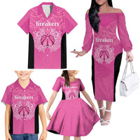 New Zealand Custom Family Matching Off The Shoulder Long Sleeve Dress and Hawaiian Shirt Fire Basketball Maori Tribal Pink LT9 - Polynesian Pride