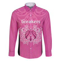 New Zealand Custom Family Matching Off The Shoulder Long Sleeve Dress and Hawaiian Shirt Fire Basketball Maori Tribal Pink LT9 Dad's Shirt - Long Sleeve Pink - Polynesian Pride