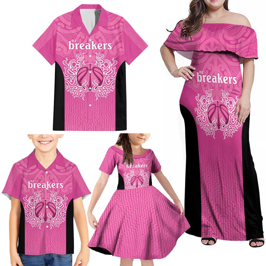 New Zealand Custom Family Matching Off Shoulder Maxi Dress and Hawaiian Shirt Fire Basketball Maori Tribal Pink LT9 - Polynesian Pride