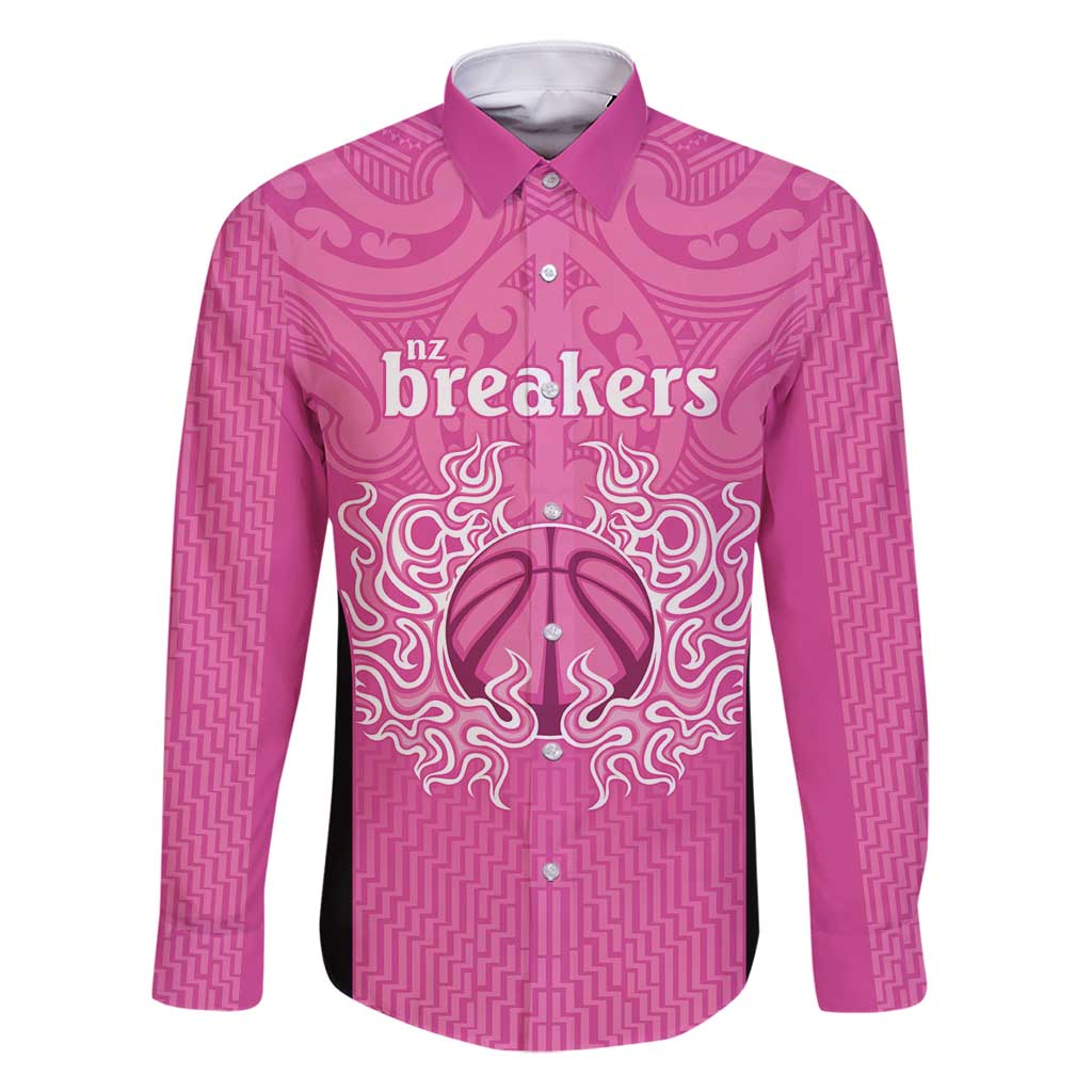 New Zealand Custom Family Matching Off Shoulder Maxi Dress and Hawaiian Shirt Fire Basketball Maori Tribal Pink LT9 Dad's Shirt - Long Sleeve Pink - Polynesian Pride