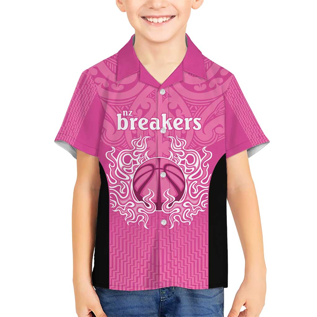 New Zealand Custom Kid Hawaiian Shirt Fire Basketball Maori Tribal Pink - Polynesian Pride