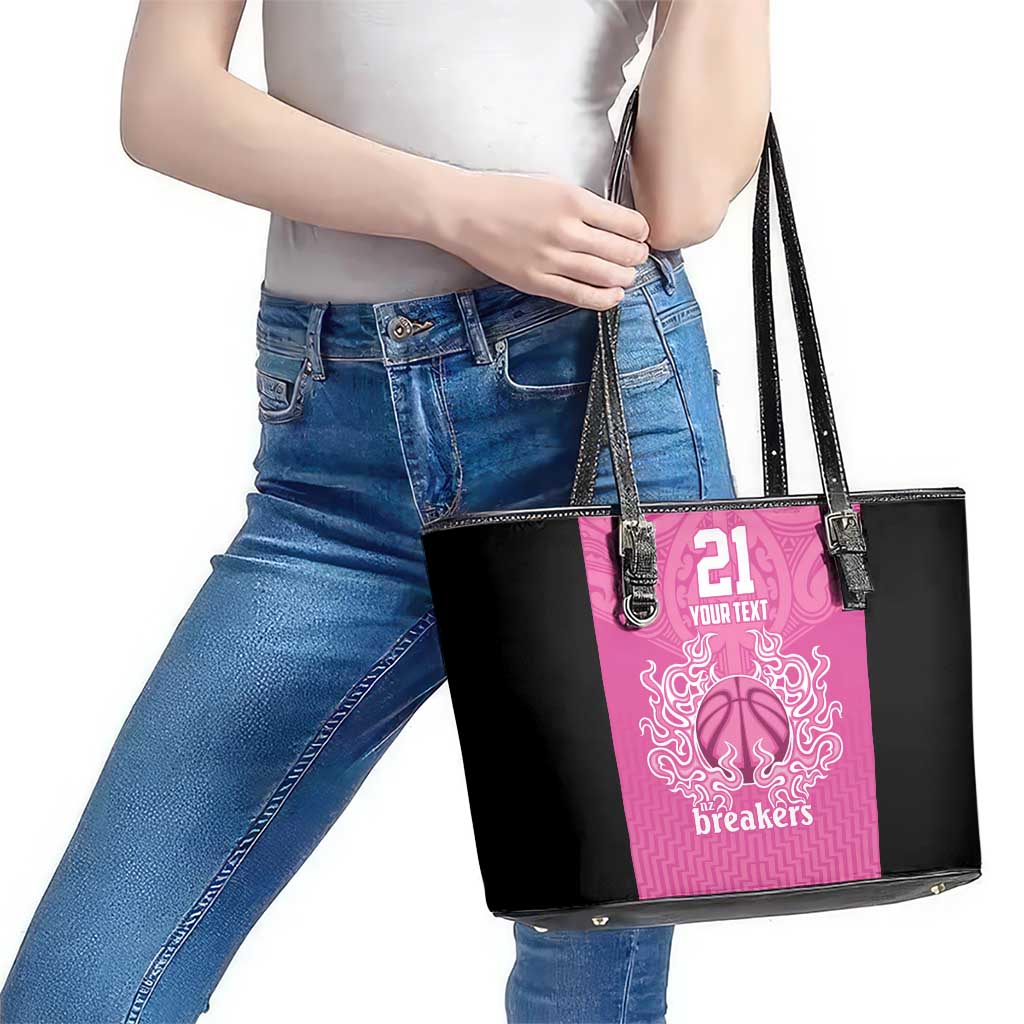 New Zealand Custom Leather Tote Bag Fire Basketball Maori Tribal Pink LT9 - Polynesian Pride