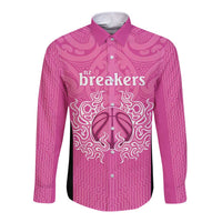 New Zealand Custom Long Sleeve Button Shirt Fire Basketball Maori Tribal Pink - Polynesian Pride