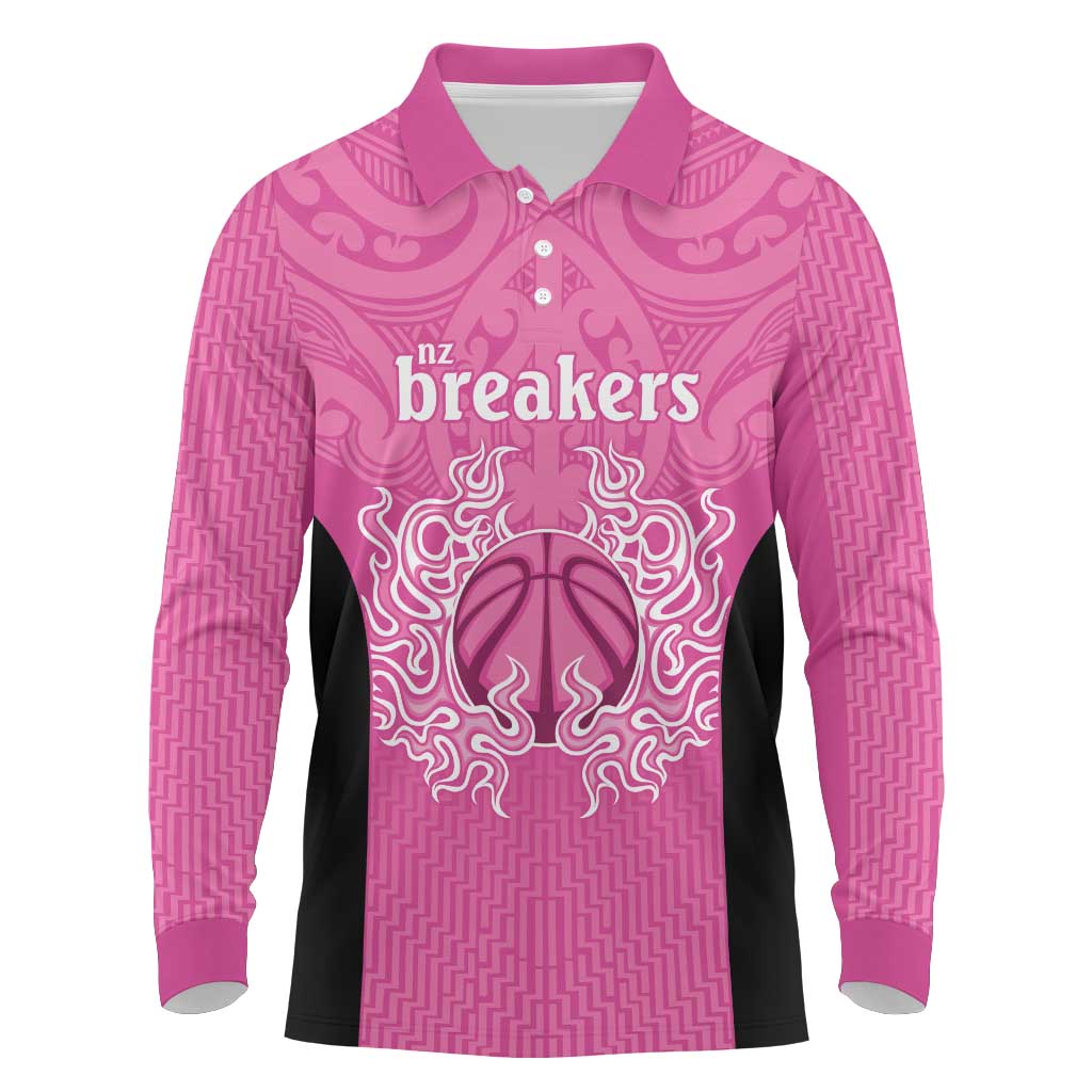 New Zealand Custom Long Sleeve Polo Shirt Fire Basketball Maori Tribal Pink LT9 Pink - Polynesian Pride