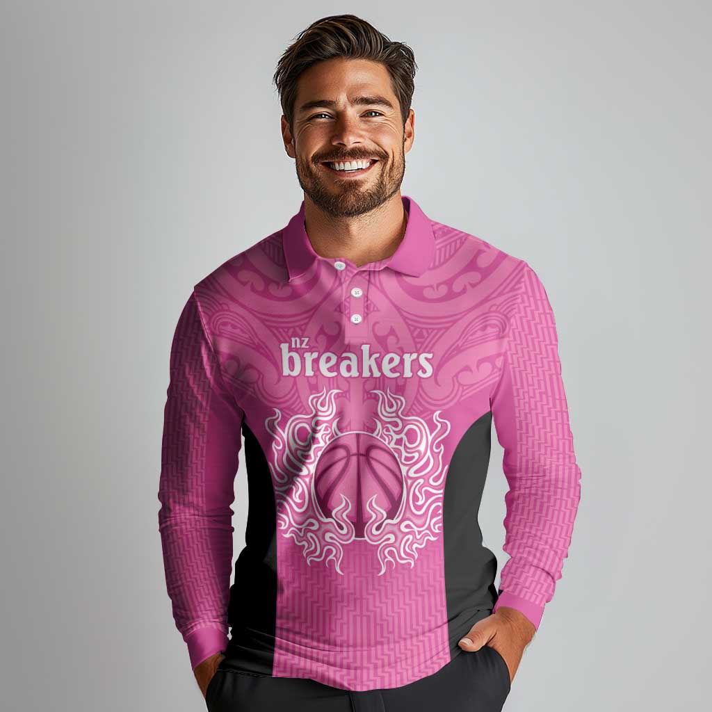 New Zealand Custom Long Sleeve Polo Shirt Fire Basketball Maori Tribal Pink LT9 - Polynesian Pride