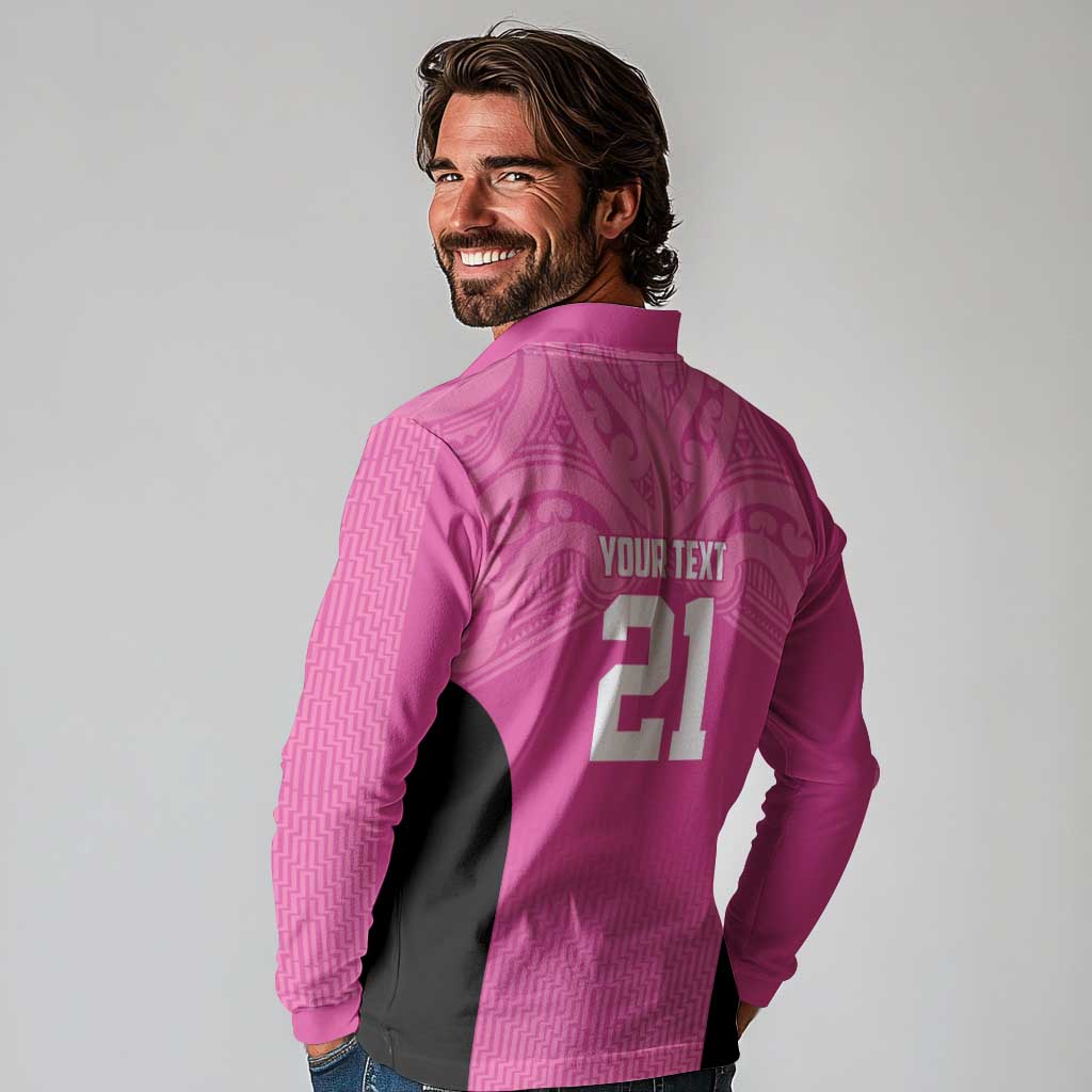 New Zealand Custom Long Sleeve Polo Shirt Fire Basketball Maori Tribal Pink LT9 - Polynesian Pride