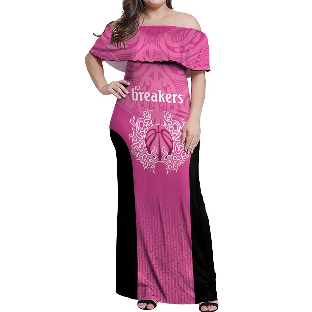 New Zealand Custom Off Shoulder Maxi Dress Fire Basketball Maori Tribal Pink LT9 Women Pink - Polynesian Pride