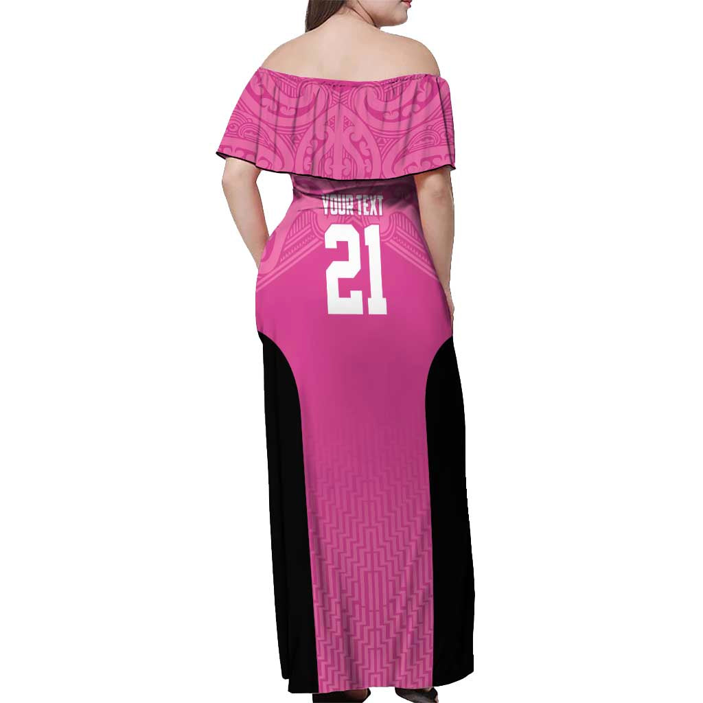 New Zealand Custom Off Shoulder Maxi Dress Fire Basketball Maori Tribal Pink LT9 - Polynesian Pride
