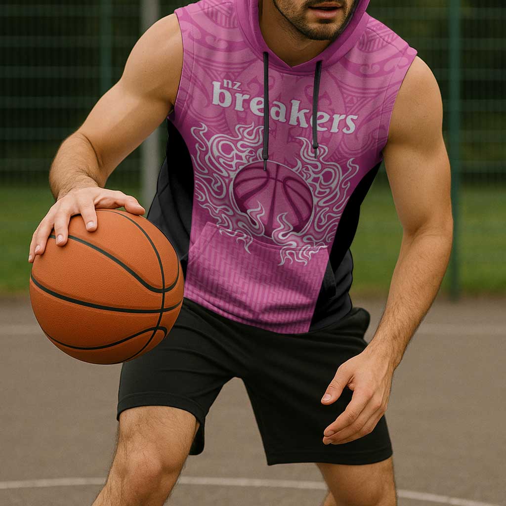 New Zealand Custom Sleeveless Hoodie Fire Basketball Maori Tribal Pink LT9 - Polynesian Pride