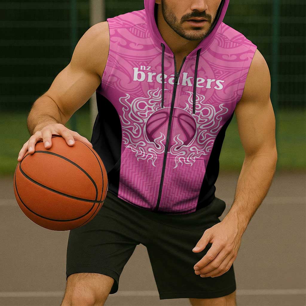 New Zealand Custom Sleeveless Zip Hoodie Fire Basketball Maori Tribal Pink LT9 - Polynesian Pride