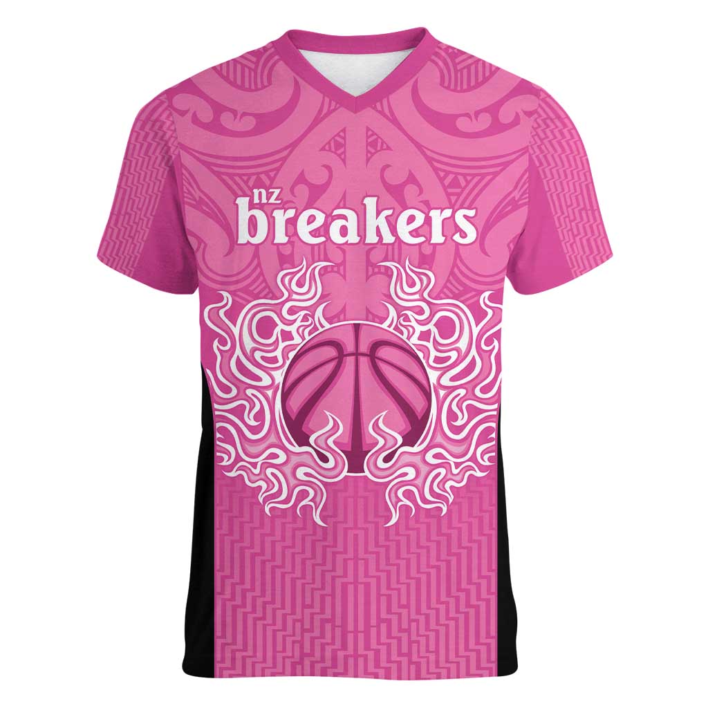 New Zealand Custom Women V-Neck T-Shirt Fire Basketball Maori Tribal Pink LT9 Female Pink - Polynesian Pride