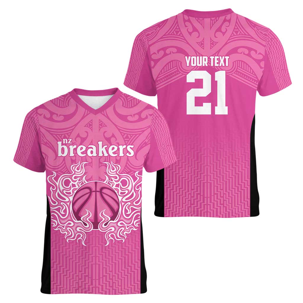 New Zealand Custom Women V-Neck T-Shirt Fire Basketball Maori Tribal Pink LT9 - Polynesian Pride