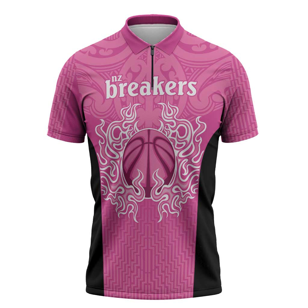 New Zealand Custom Zipper Polo Shirt Fire Basketball Maori Tribal Pink LT9 Pink - Polynesian Pride