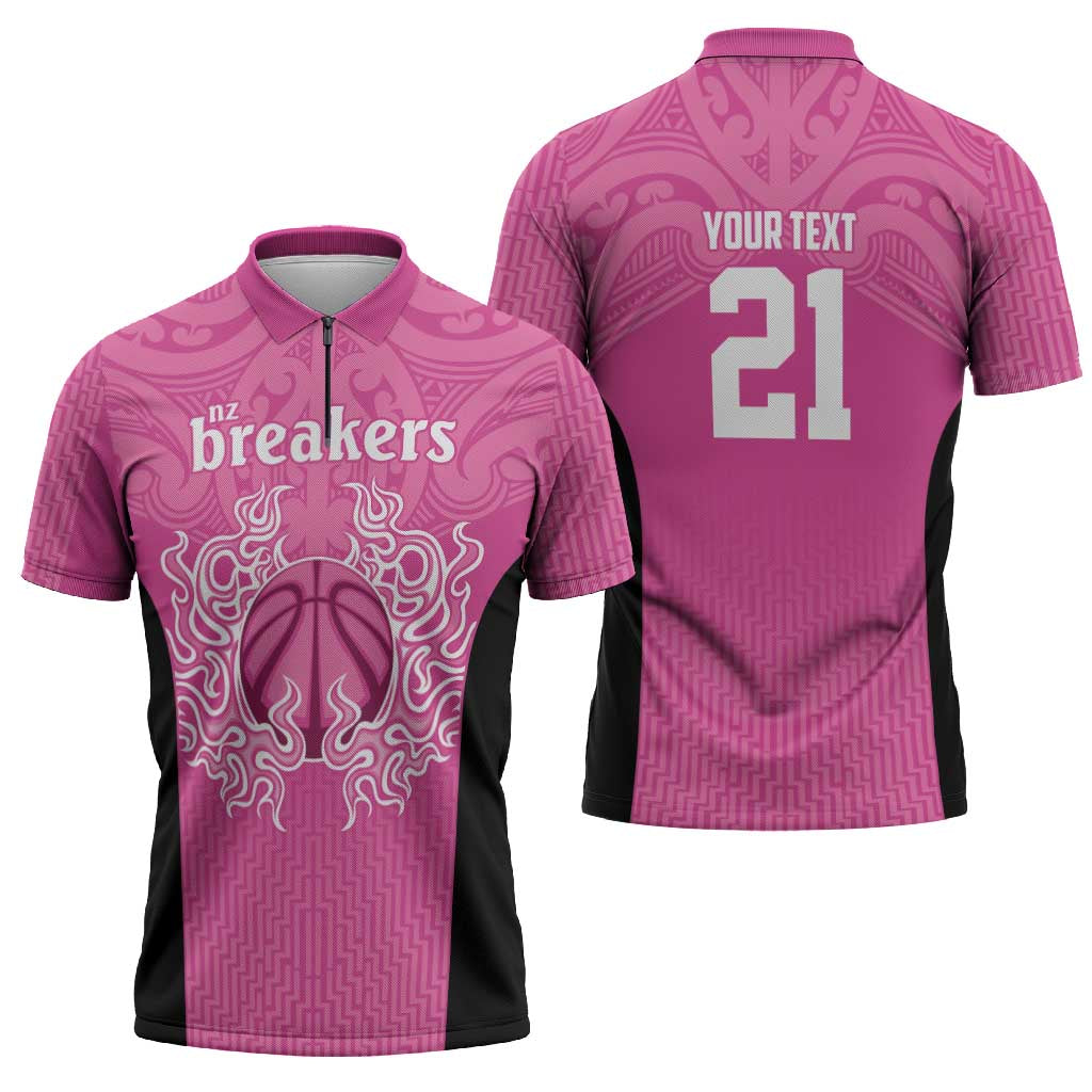 New Zealand Custom Zipper Polo Shirt Fire Basketball Maori Tribal Pink LT9 - Polynesian Pride