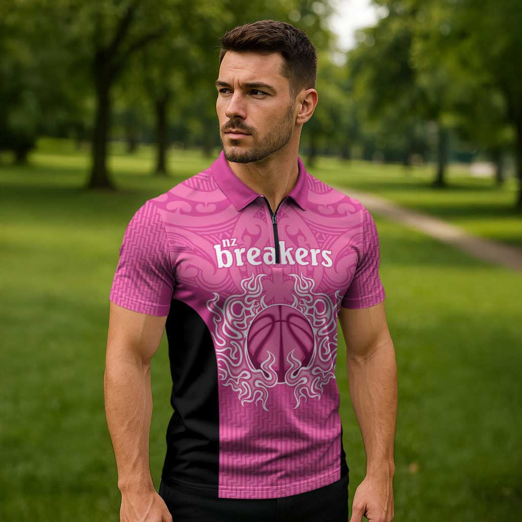 New Zealand Custom Zipper Polo Shirt Fire Basketball Maori Tribal Pink LT9 - Polynesian Pride