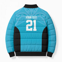New Zealand Custom Bomber Puffer Jacket Fire Basketball Maori Tribal Sky Blue - Polynesian Pride