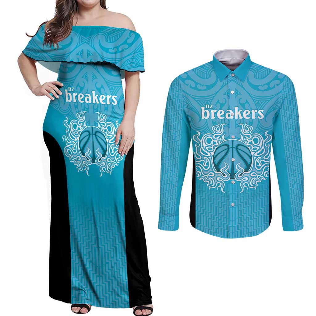New Zealand Custom Couples Matching Off Shoulder Maxi Dress and Long Sleeve Button Shirt Fire Basketball Maori Tribal Sky Blue LT9 Blue - Polynesian Pride