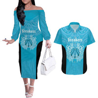 New Zealand Custom Couples Matching Off The Shoulder Long Sleeve Dress and Hawaiian Shirt Fire Basketball Maori Tribal Sky Blue LT9 Blue - Polynesian Pride