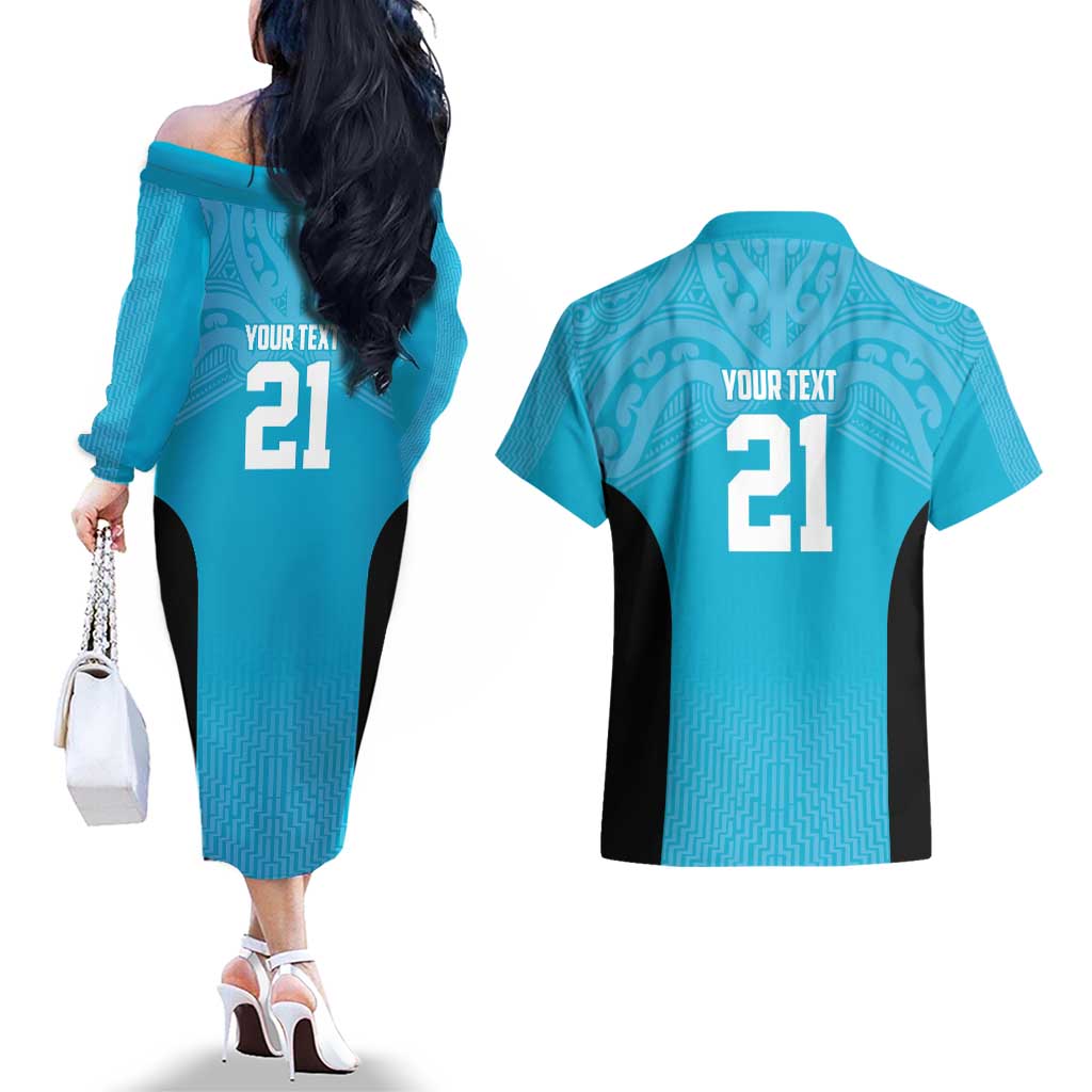 New Zealand Custom Couples Matching Off The Shoulder Long Sleeve Dress and Hawaiian Shirt Fire Basketball Maori Tribal Sky Blue LT9 - Polynesian Pride