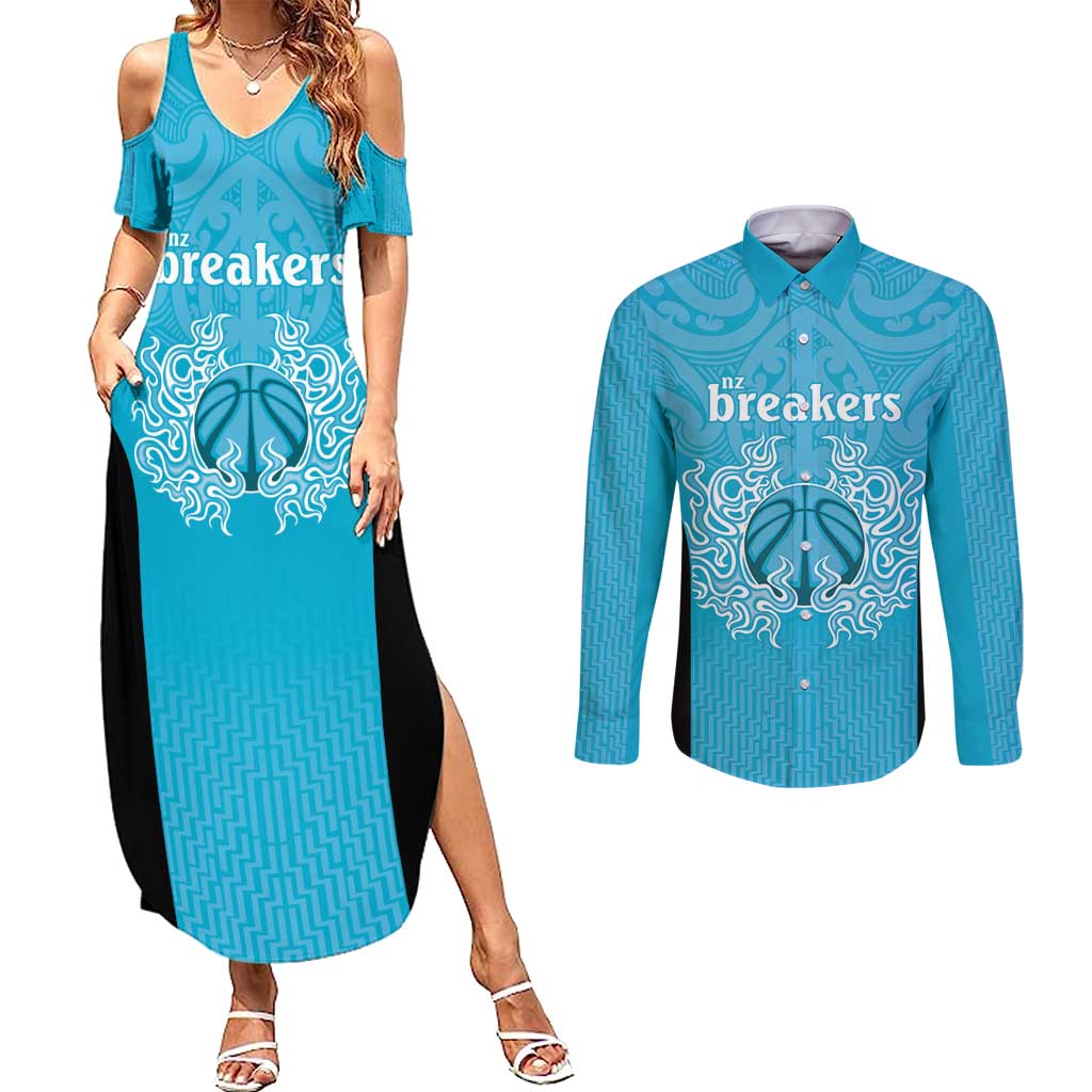 New Zealand Custom Couples Matching Summer Maxi Dress and Long Sleeve Button Shirt Fire Basketball Maori Tribal Sky Blue - Polynesian Pride