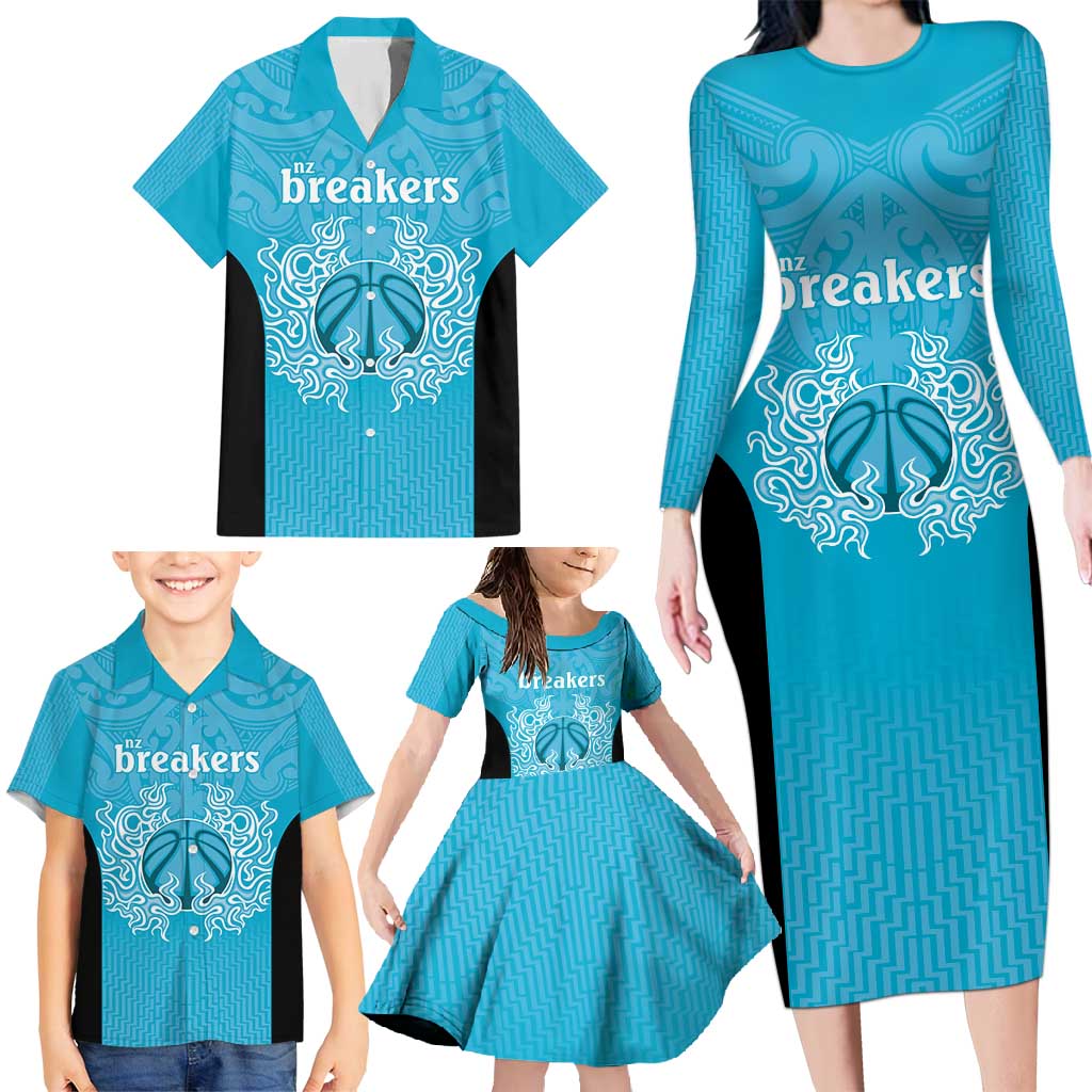 New Zealand Custom Family Matching Long Sleeve Bodycon Dress and Hawaiian Shirt Fire Basketball Maori Tribal Sky Blue LT9 - Polynesian Pride