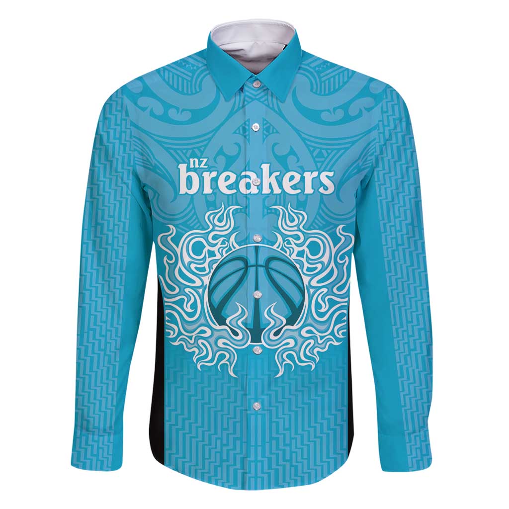 New Zealand Custom Family Matching Long Sleeve Bodycon Dress and Hawaiian Shirt Fire Basketball Maori Tribal Sky Blue LT9 Dad's Shirt - Long Sleeve Blue - Polynesian Pride