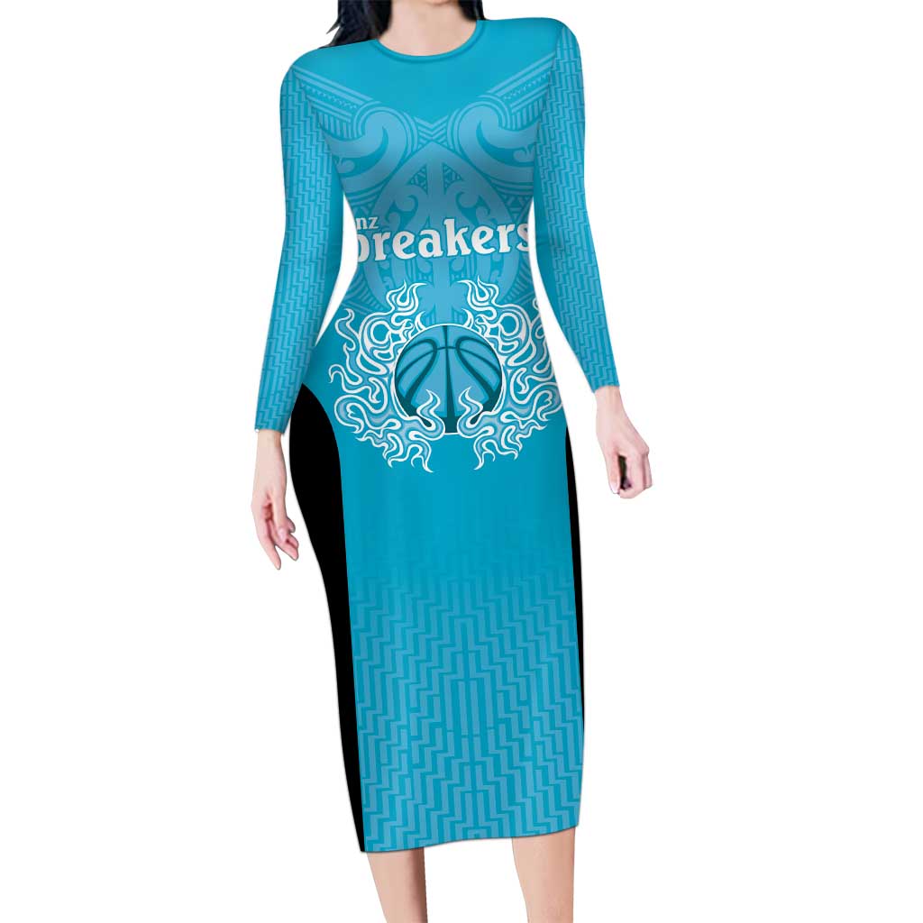 New Zealand Custom Family Matching Long Sleeve Bodycon Dress and Hawaiian Shirt Fire Basketball Maori Tribal Sky Blue LT9 Mom's Dress Blue - Polynesian Pride
