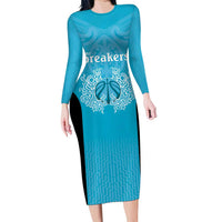 New Zealand Custom Family Matching Long Sleeve Bodycon Dress and Hawaiian Shirt Fire Basketball Maori Tribal Sky Blue LT9 Mom's Dress Blue - Polynesian Pride