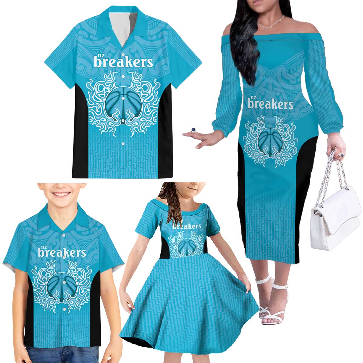 New Zealand Custom Family Matching Off The Shoulder Long Sleeve Dress and Hawaiian Shirt Fire Basketball Maori Tribal Sky Blue LT9 - Polynesian Pride
