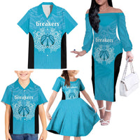 New Zealand Custom Family Matching Off The Shoulder Long Sleeve Dress and Hawaiian Shirt Fire Basketball Maori Tribal Sky Blue LT9 - Polynesian Pride