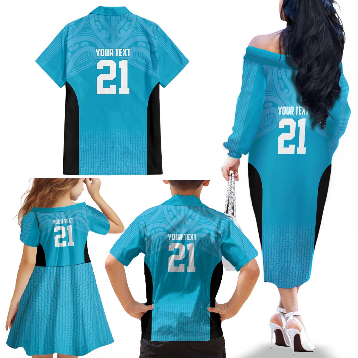 New Zealand Custom Family Matching Off The Shoulder Long Sleeve Dress and Hawaiian Shirt Fire Basketball Maori Tribal Sky Blue LT9 - Polynesian Pride