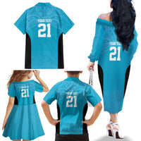 New Zealand Custom Family Matching Off The Shoulder Long Sleeve Dress and Hawaiian Shirt Fire Basketball Maori Tribal Sky Blue LT9 - Polynesian Pride