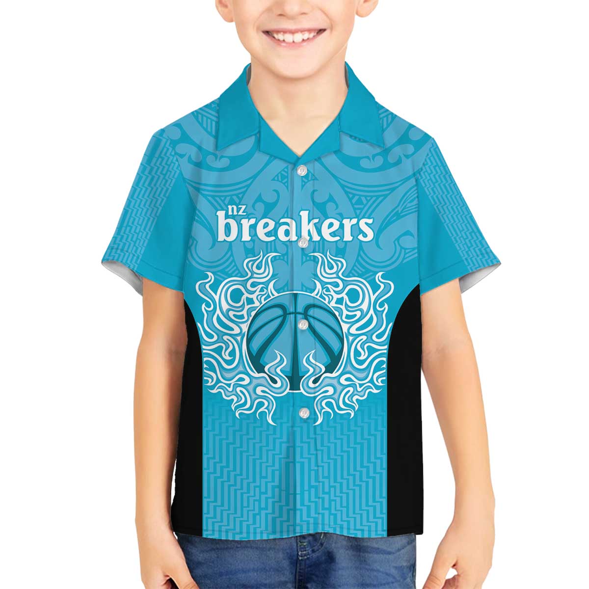 New Zealand Custom Family Matching Off The Shoulder Long Sleeve Dress and Hawaiian Shirt Fire Basketball Maori Tribal Sky Blue LT9 Son's Shirt Blue - Polynesian Pride