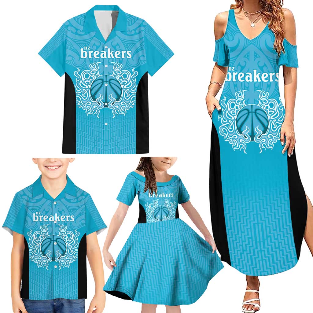 New Zealand Custom Family Matching Summer Maxi Dress and Hawaiian Shirt Fire Basketball Maori Tribal Sky Blue LT9 - Polynesian Pride